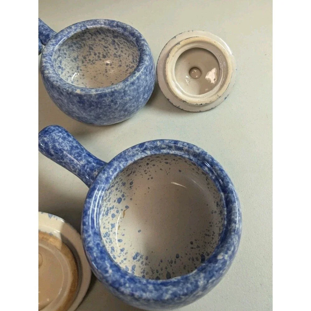 Vintage Bleu Co Gailst Blue Spongeware Lidded Soup Crocks - Set of 4 - Picture 13 of 15